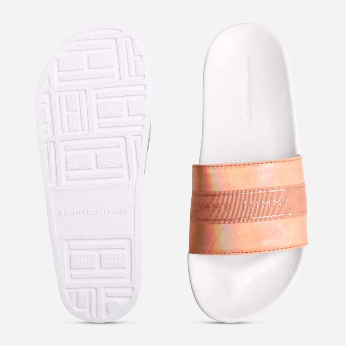 Tommy Hilfiger Iridescent Rose Gold Pink Pool Sliders
