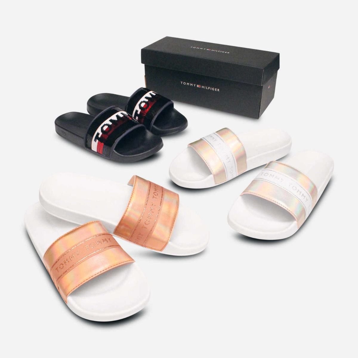 Tommy Hilfiger Iridescent Rose Gold Pink Pool Sliders