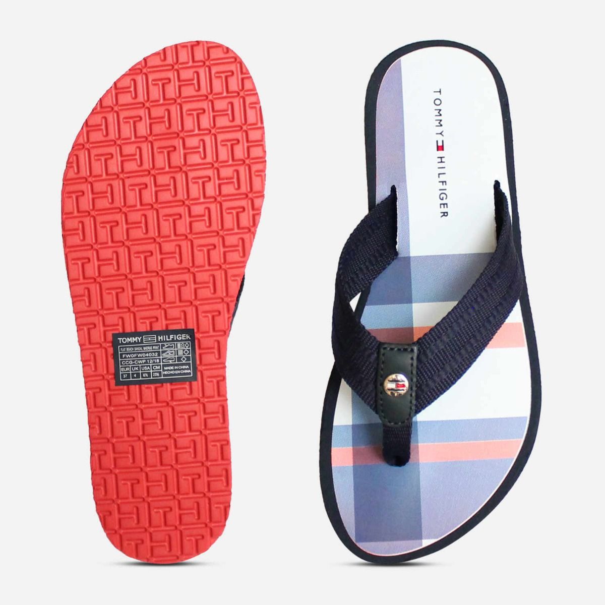 Luxury Tommy Hilfiger Red White Blue Check Flip Flop Sandal