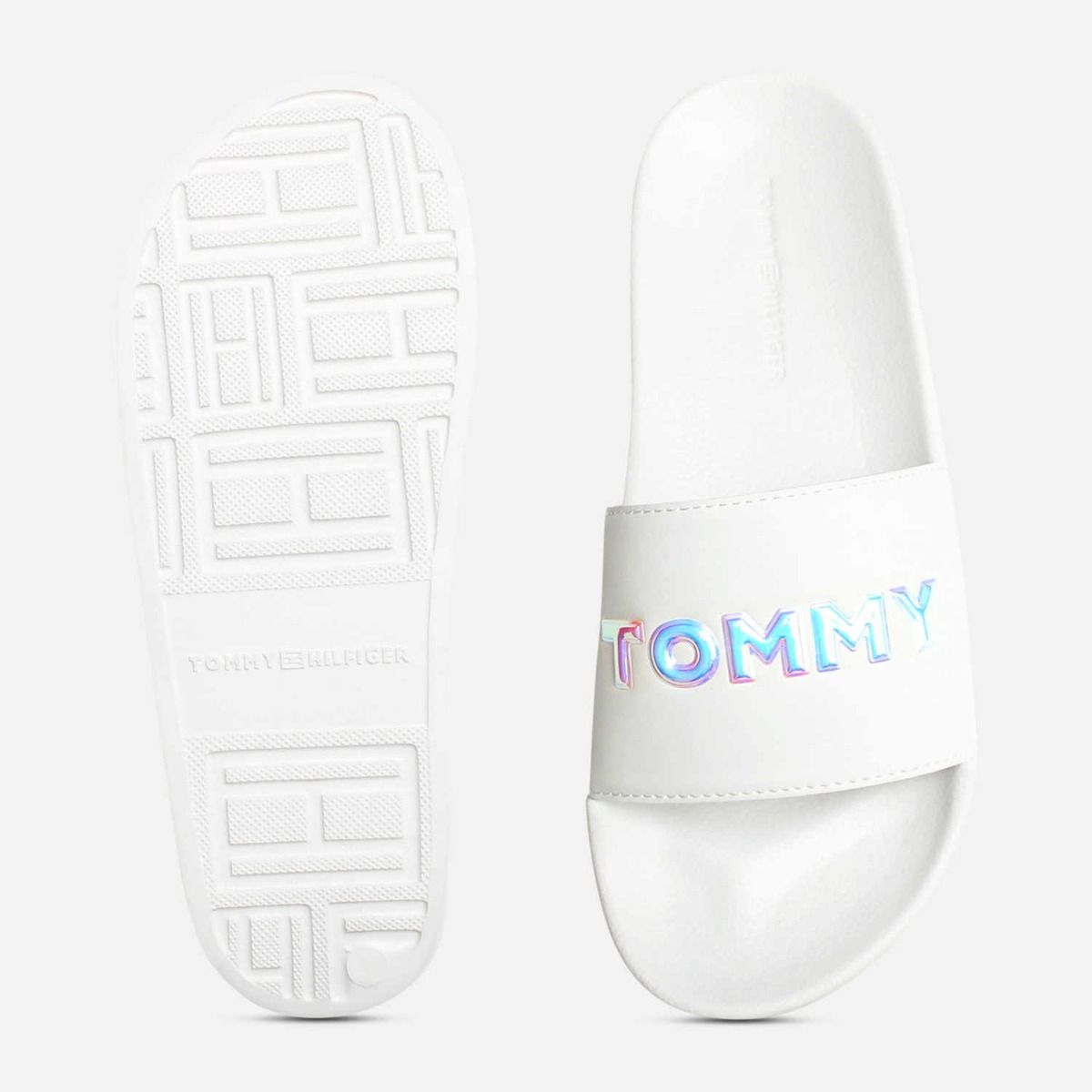 Tommy Hilfiger Iridescent White Designer Pool Slide Sandals