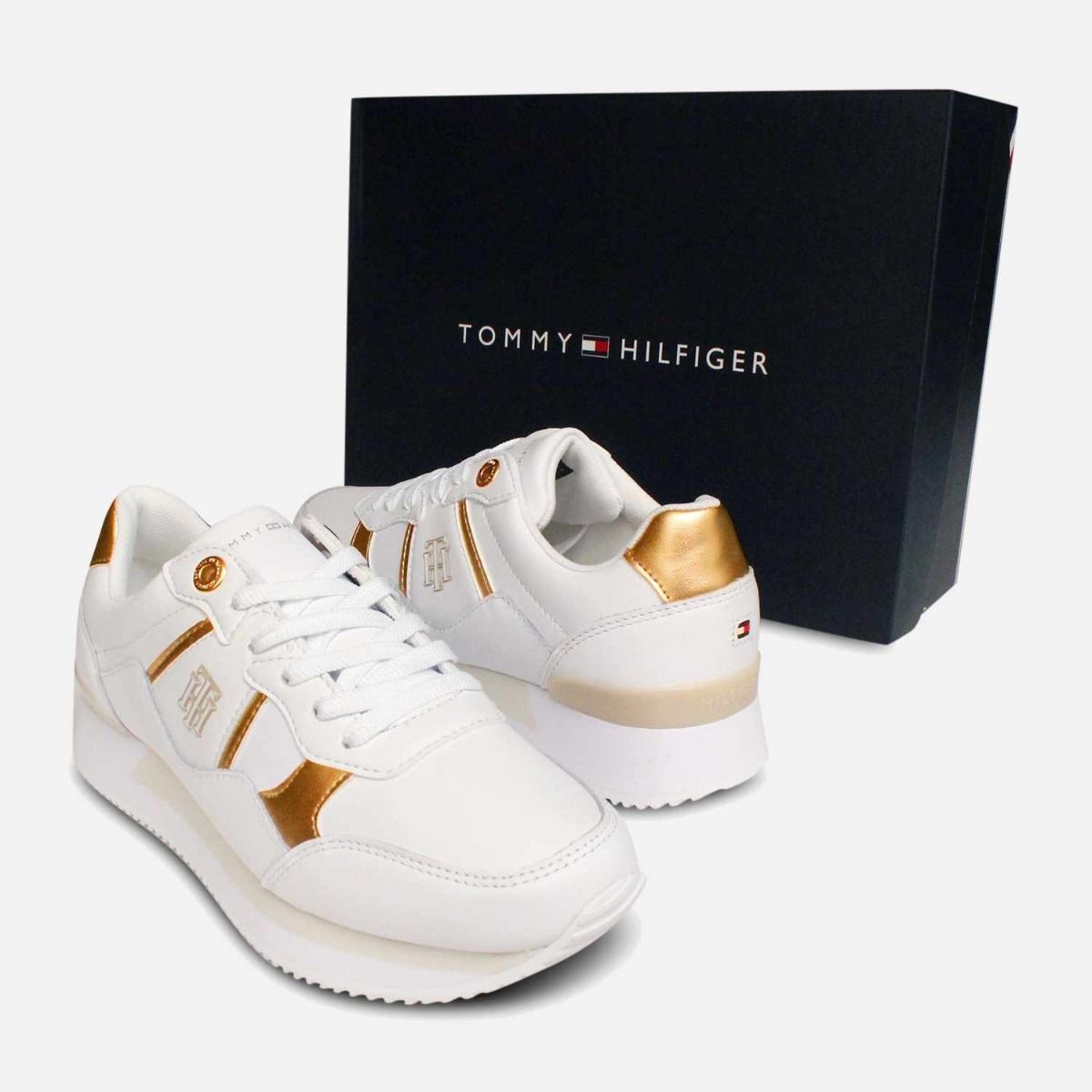 Tommy Hilfiger White and Gold Premium Womens City Sneakers