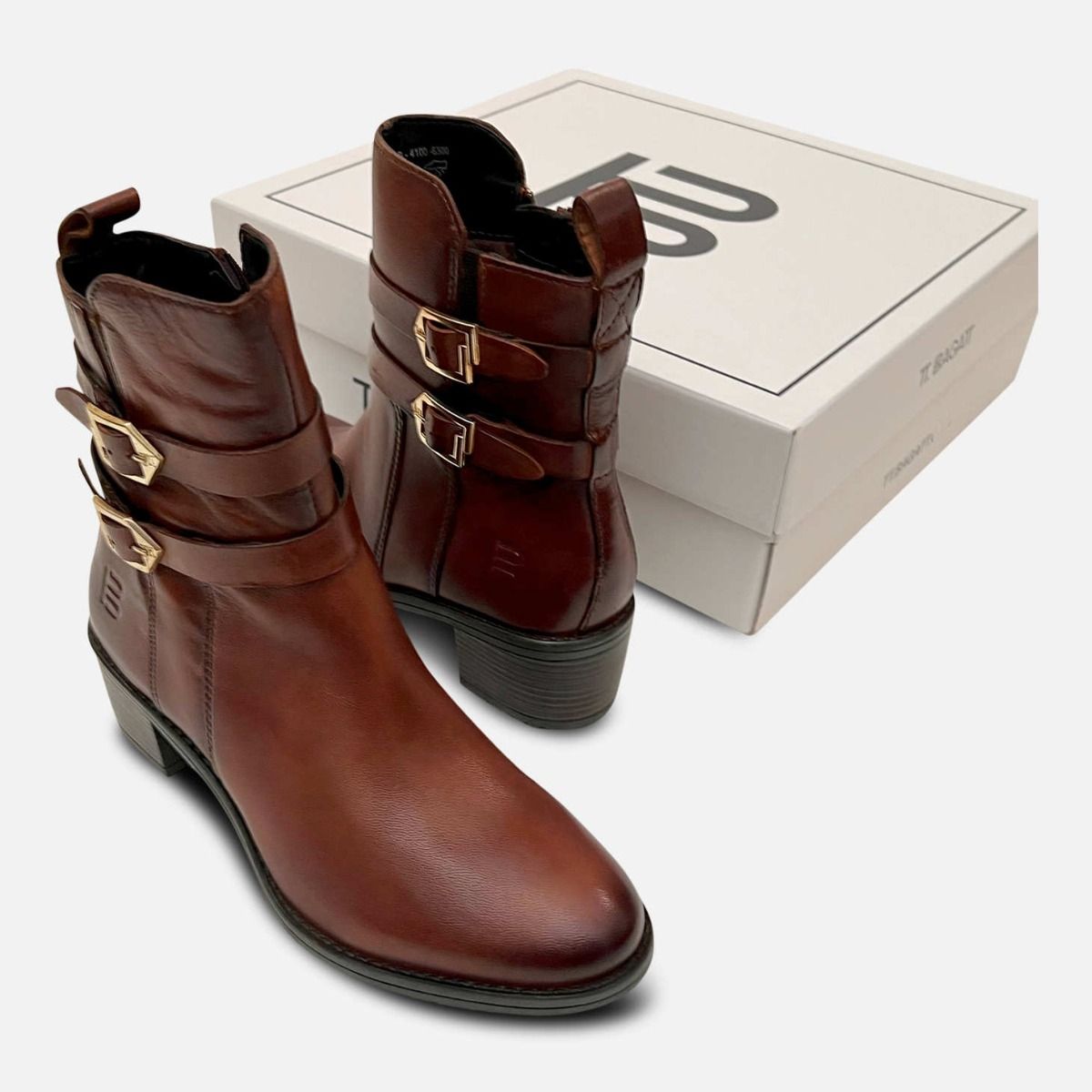 Antique Brown Leather Double Buckle Bagatt Ankle Zip Boot