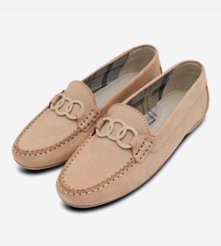 Barbour Stitched Ladies Designer Moccasin in Beige Nubuck