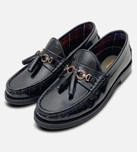 Barbour Black Polished Womens Crocodile Tassel Loafers