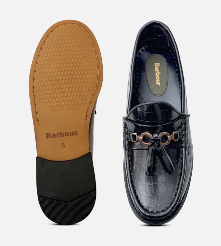 Barbour Black Polished Womens Crocodile Tassel Loafers