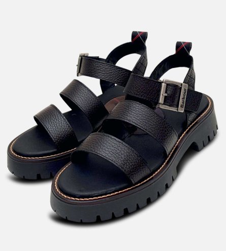 Barbour Black Leather Strappy Sandal with Chunky Rubber Sole