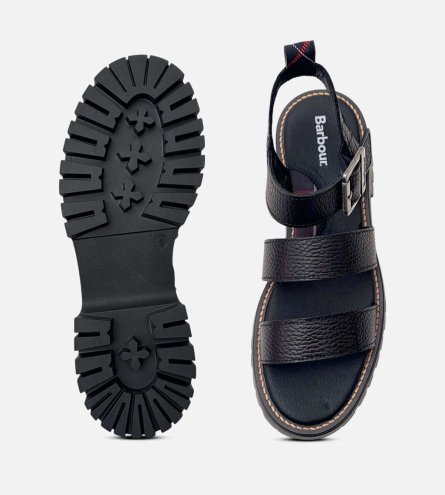 Barbour Black Leather Strappy Sandal with Chunky Rubber Sole
