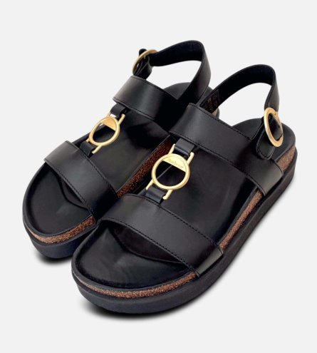 Barbour Black T Bar Designer Ladies Sandals with Gold Buckle