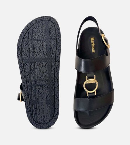 Barbour Black T Bar Designer Ladies Sandals with Gold Buckle