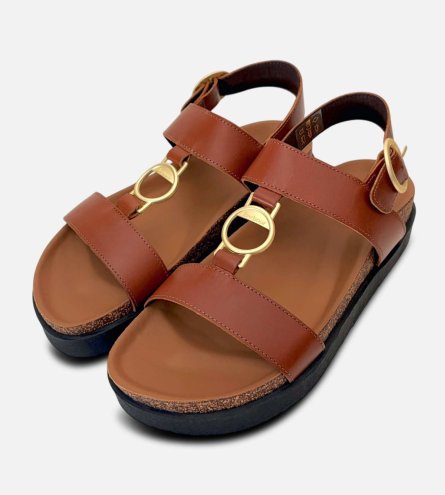 Barbour Brown T Bar Designer Ladies Sandals with Gold Buckle