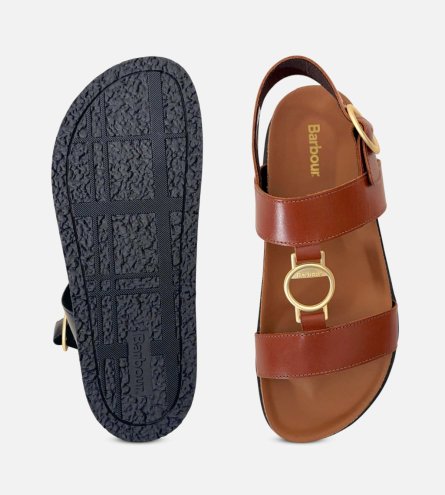 Barbour Brown T Bar Designer Ladies Sandals with Gold Buckle