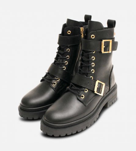 Barbour International Premium Gold Buckle Boots in Black