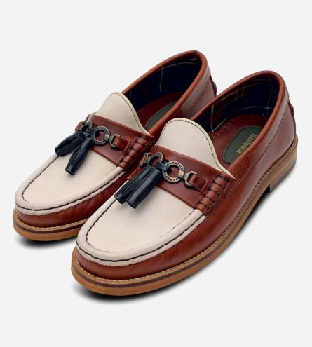 Barbour Two Tone Brown & Off White Ladies Tassel Loafers