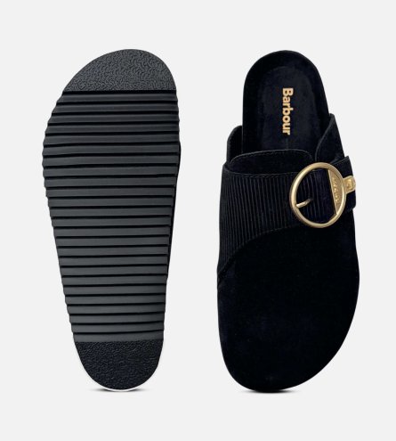 Barbour Black Suede Slip On Mule Sandals with Gold Buckle