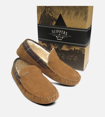 Barbour Mens Light Brown Suede Slippers Fur Lining