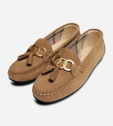 Barbour Taupe Nubuck Tassel Loafers with Gold Trim