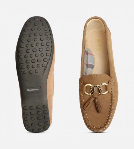 Barbour Taupe Nubuck Tassel Loafers with Gold Trim