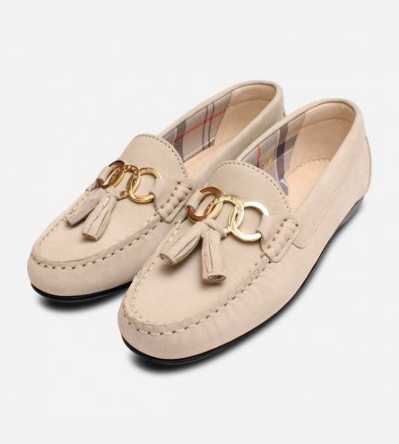 Barbour Light Cream Nubuck Tassel Loafer with Gold Trim