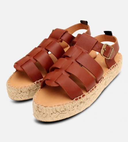 Barbour Flatform Hessian Gladiator Sandals in Tan Leather