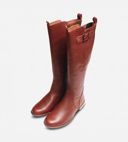 Barbour Knee High Boots in Bordeaux Leather with Rubber Sole