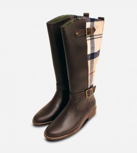 Barbour Double Buckle Dark Brown Tartan Womens Riding Boot