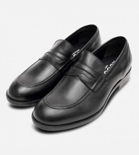 Italian Black Leather Penny Loafer Shoes with Rubber Sole