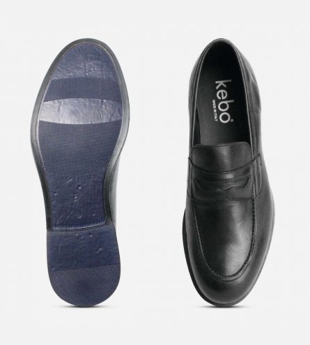 Italian Black Leather Penny Loafer Shoes with Rubber Sole