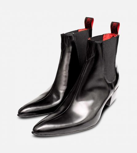 Jeffery West Black Polished Cuban Chelsea Boot with Red Sole