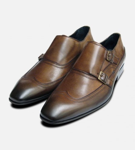 Designer Double Buckle Monk Shoes in Brown by Exceed