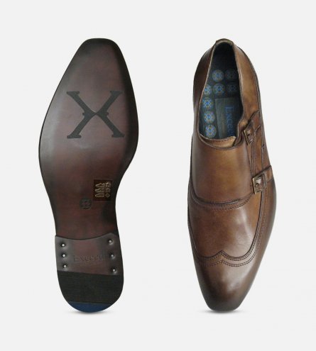 Designer Double Buckle Monk Shoes in Brown by Exceed