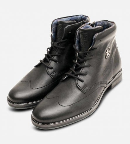 Bugatti Black Wingtip Mens Side Zip Designer Boots