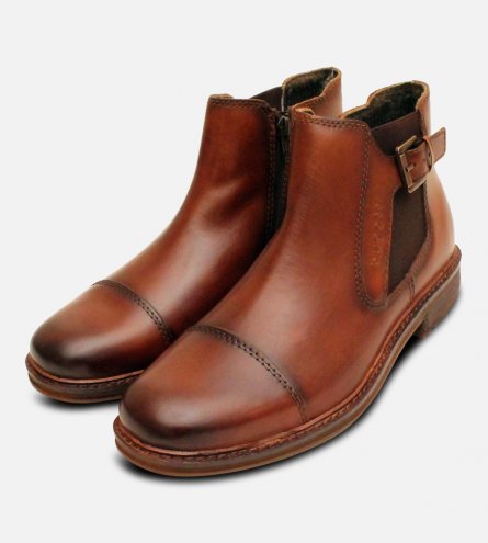 Bugatti Mens Chelsea Zip Buckle Boots in Brown