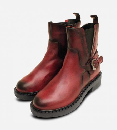 Ladies Burgundy Bagatt Buckle Chelsea Boots with Zip