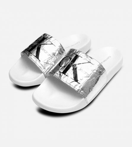 Calvin Klein Jeans Chantal Silver Metallic Crinkle Sliders