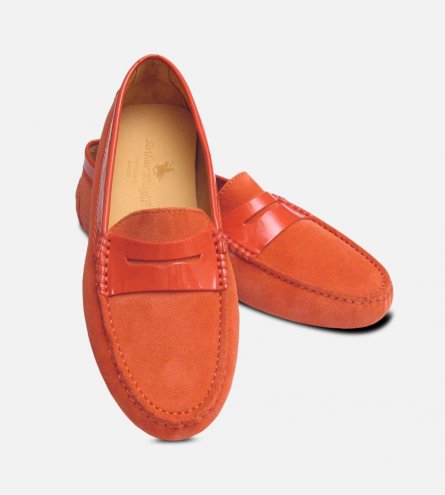 Coral Pink Suede & Patent Designer Ladies Italian Driving Moccasins