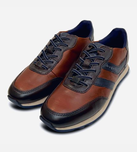 Bugatti Brown Leather Designer Training Shoes Blue Rubber Sole