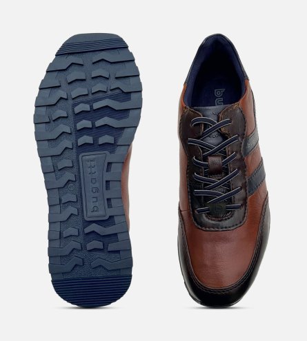 Bugatti Brown Leather Designer Training Shoes Blue Rubber Sole