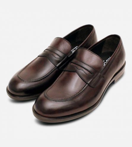 Italian Dark Brown Leather Penny Loafers with Rubber Sole