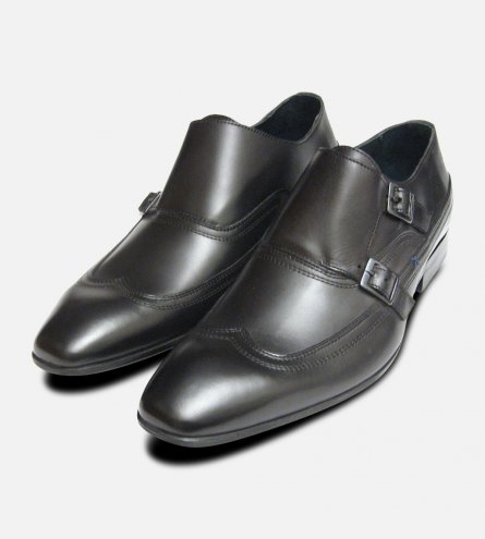 Designer Black Double Buckle Monk Shoes by Exceed