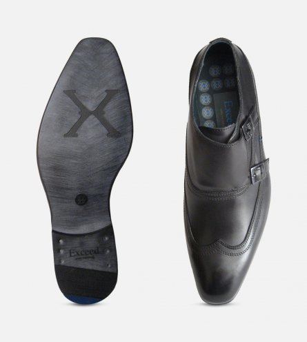 Designer Black Double Buckle Monk Shoes by Exceed