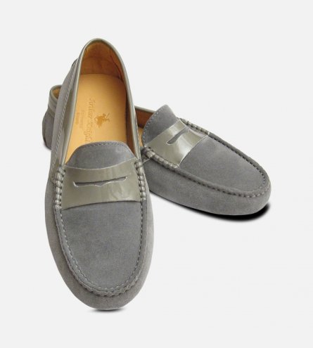 Grey Suede & Patent Designer Ladies Italian Driving Moccasins