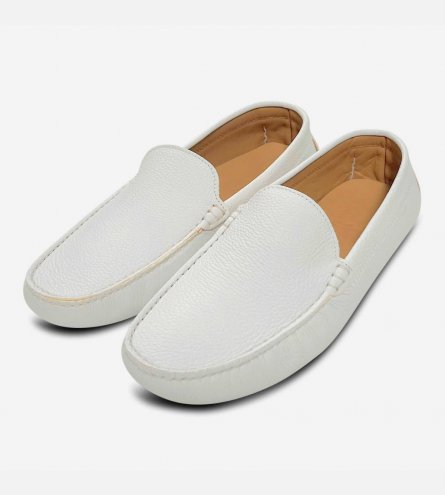 Ivory White Leather Driving Shoe Moccasins for Men