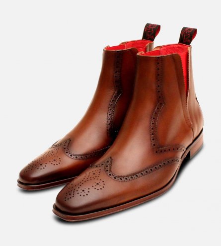 Jeffery West Designer Brown Wingtip Brogue Chelsea Boots