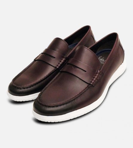 John White Burgundy Oxblood Leather White Sole Penny Loafers