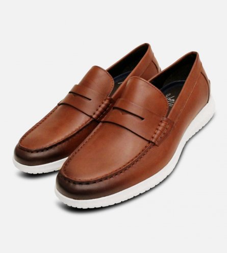 John White Tan Leather White Sole Penny Loafer Shoes