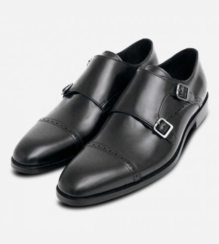 John White Double Buckle Monk Strap Shoes in Black