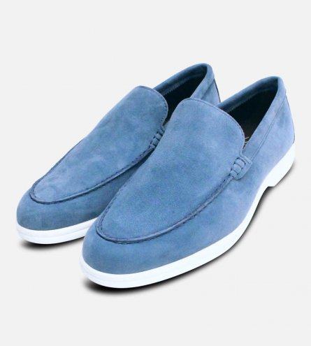 John White Light Blue Suede Designer Casual Mens Loafers