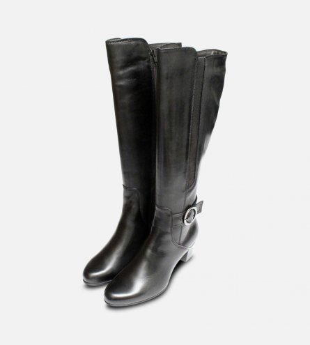 Tamaris Black Leather Knee High Boots with Heel