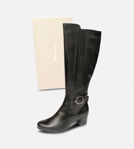 Tamaris Black Leather Knee High Boots with Heel