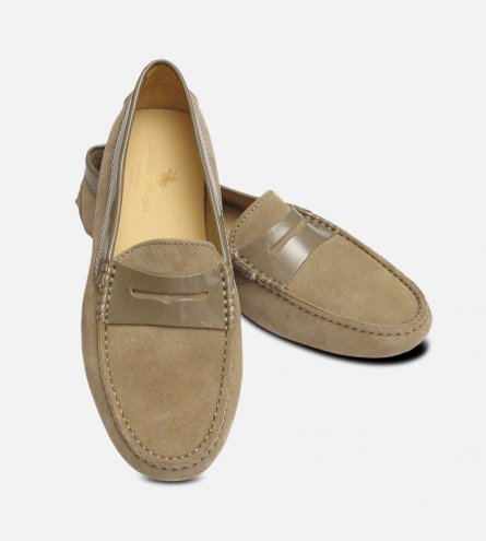 Ecru Sand Suede & Patent Arthur Knight Ladies Italian Driving Moccasins